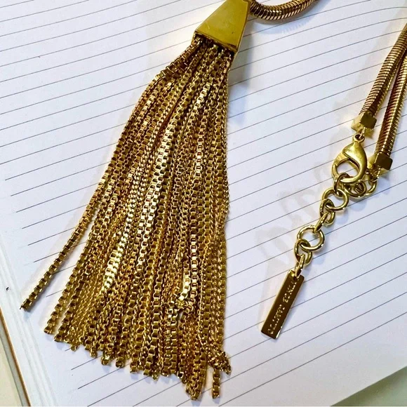 VINCE CAMUTO Gold Plated Statement Tassel Dangling Mesh Pendant Long Necklace - Picture 2 of 10